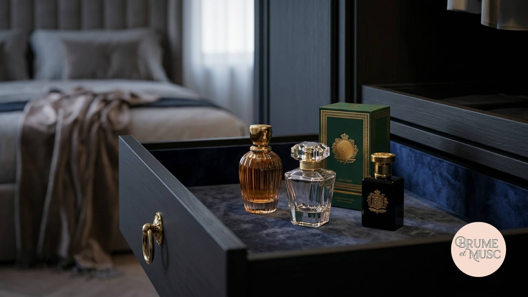 Parfums rangés dans un dressing qui donne sur une chambre à coucher