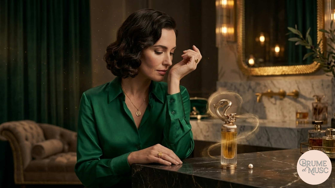Femme élégante sentant son parfum de Dubaï, illustration de la fatigue olfactive et du sillage invisible.