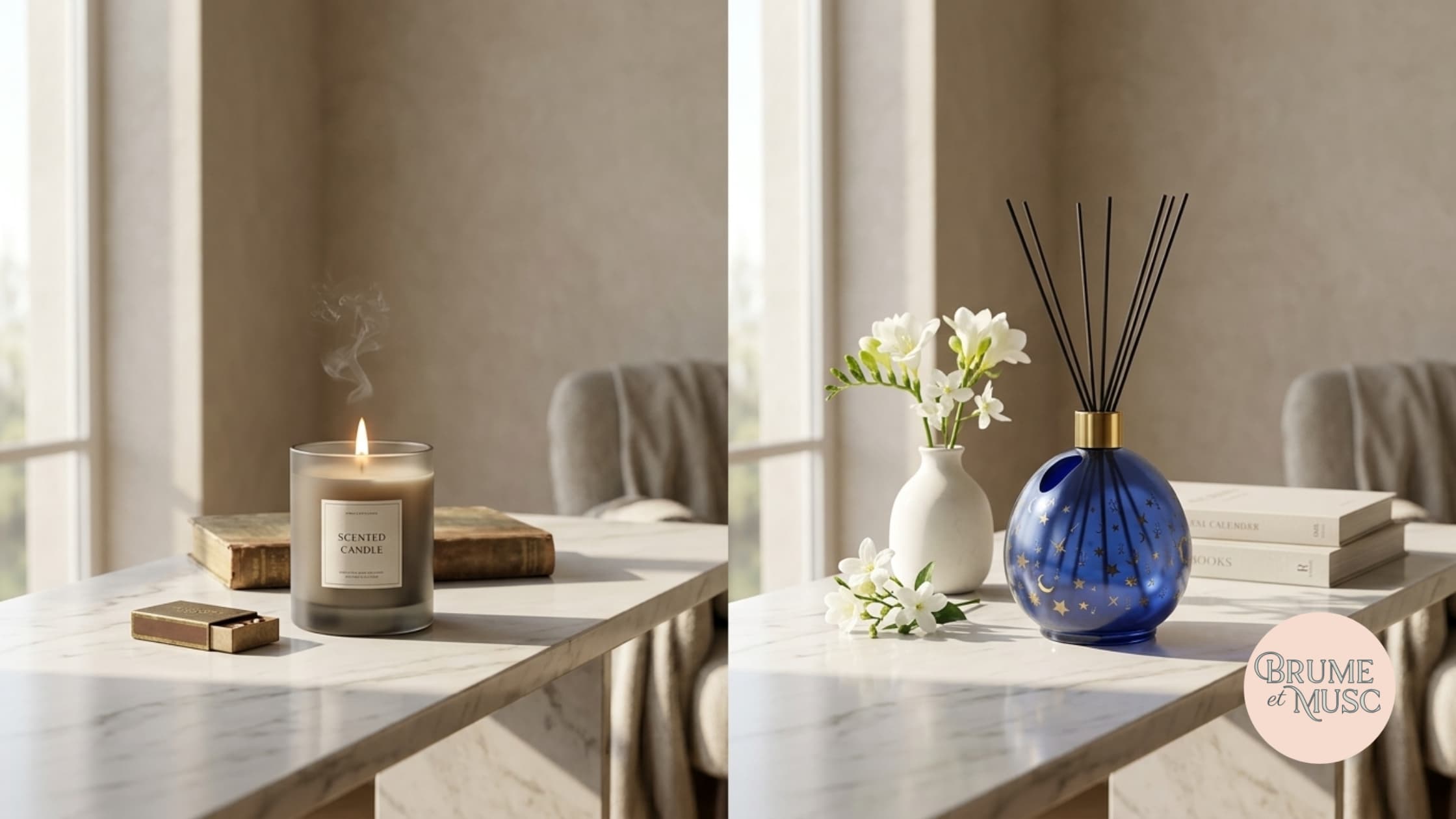 Comparatif entre une bougie parfumée et un diffuseur à bâtonnets sur une console moderne et lumineuse