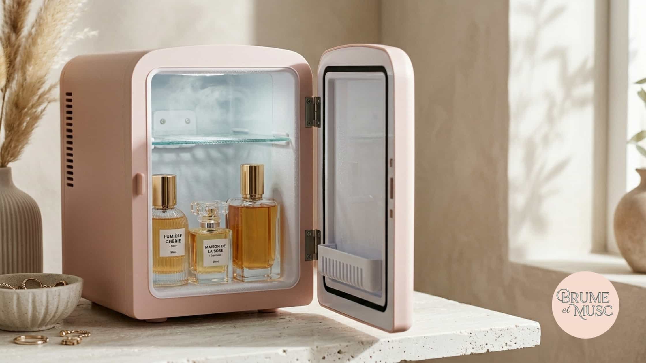 Mini-frigo rose contenant des parfums et brumes de Dubaï pour une conservation optimale.