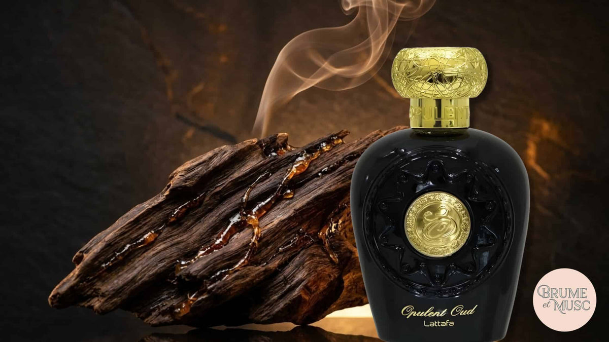 Morceau de bois de oud brut résineux et flacon d'eau de parfum orientale