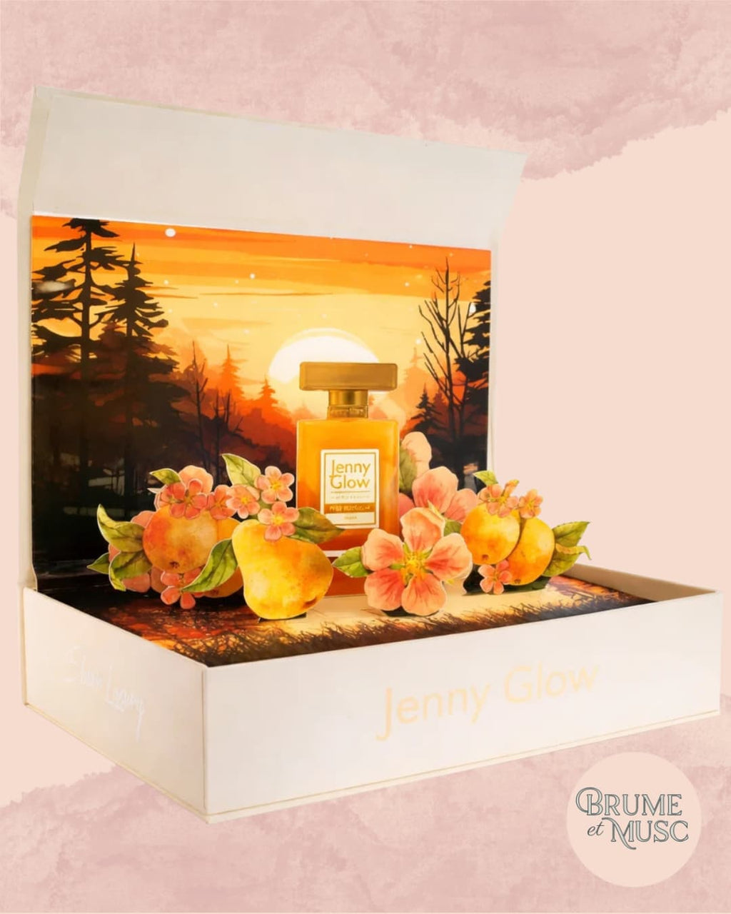 Coffret cadeau parfum Pear Blossom de Jenny Glow, flacon élégant et boîte avec détails en relief.