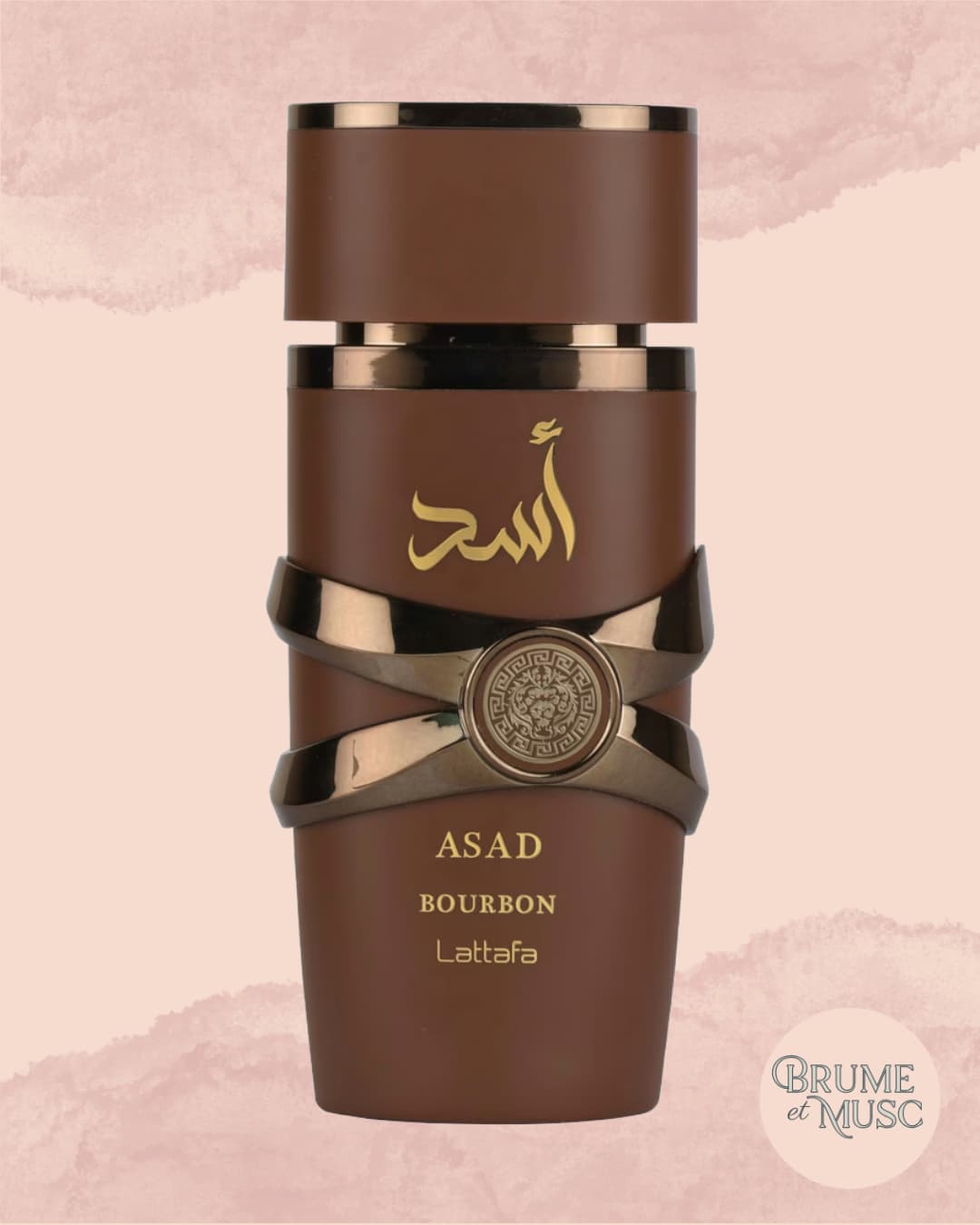 Flacon marron Asad Bourbon de Lattafa, parfum pour homme aux notes de vanille bourbon, cacao et épices