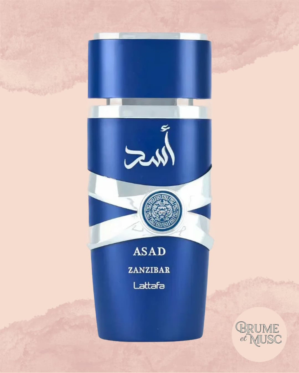Flacon bleu Asad Zanzibar de Lattafa, parfum pour homme aux notes d'eau de coco, sel et iris poudré.
