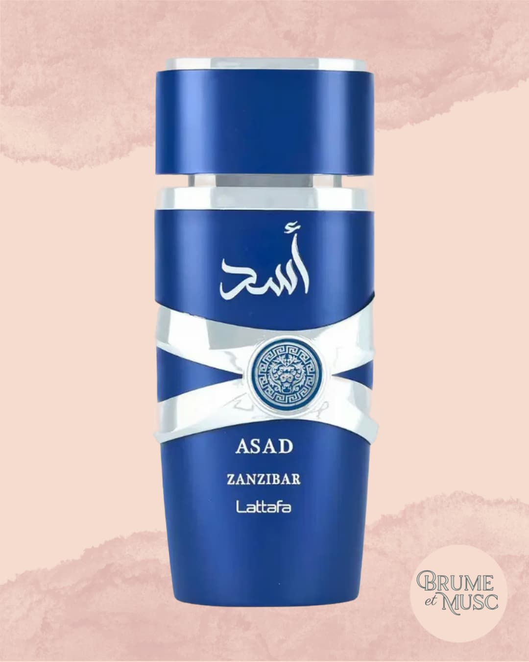 Flacon bleu Asad Zanzibar de Lattafa, parfum pour homme aux notes d'eau de coco, sel et iris poudré.