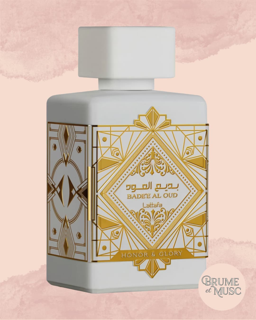 Flacon blanc Bade'e Al Oud Honor & Glory de Lattafa, parfum gourmand à l'ananas et crème brûlée