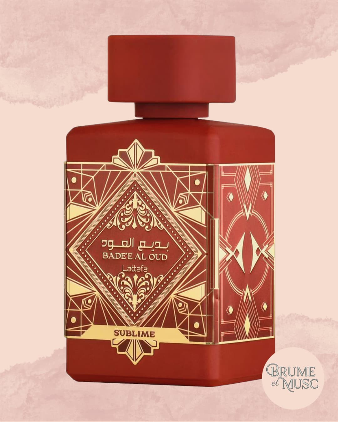 Flacon rouge de l'eau de parfum Bade'e Al Oud Sublime de Lattafa - Parfum fruité pomme et litchi