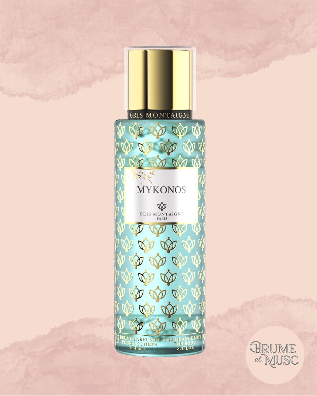 Brume parfumée Mykonos Gris Montaigne, ambiance solaire, fleurs jaunes et notes sucrées