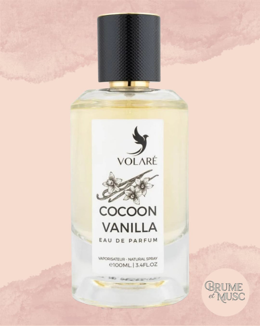 Flacon Cocoon Vanilla de Volaré, parfum gourmand aux notes de vanille bourbon, amande et praline.