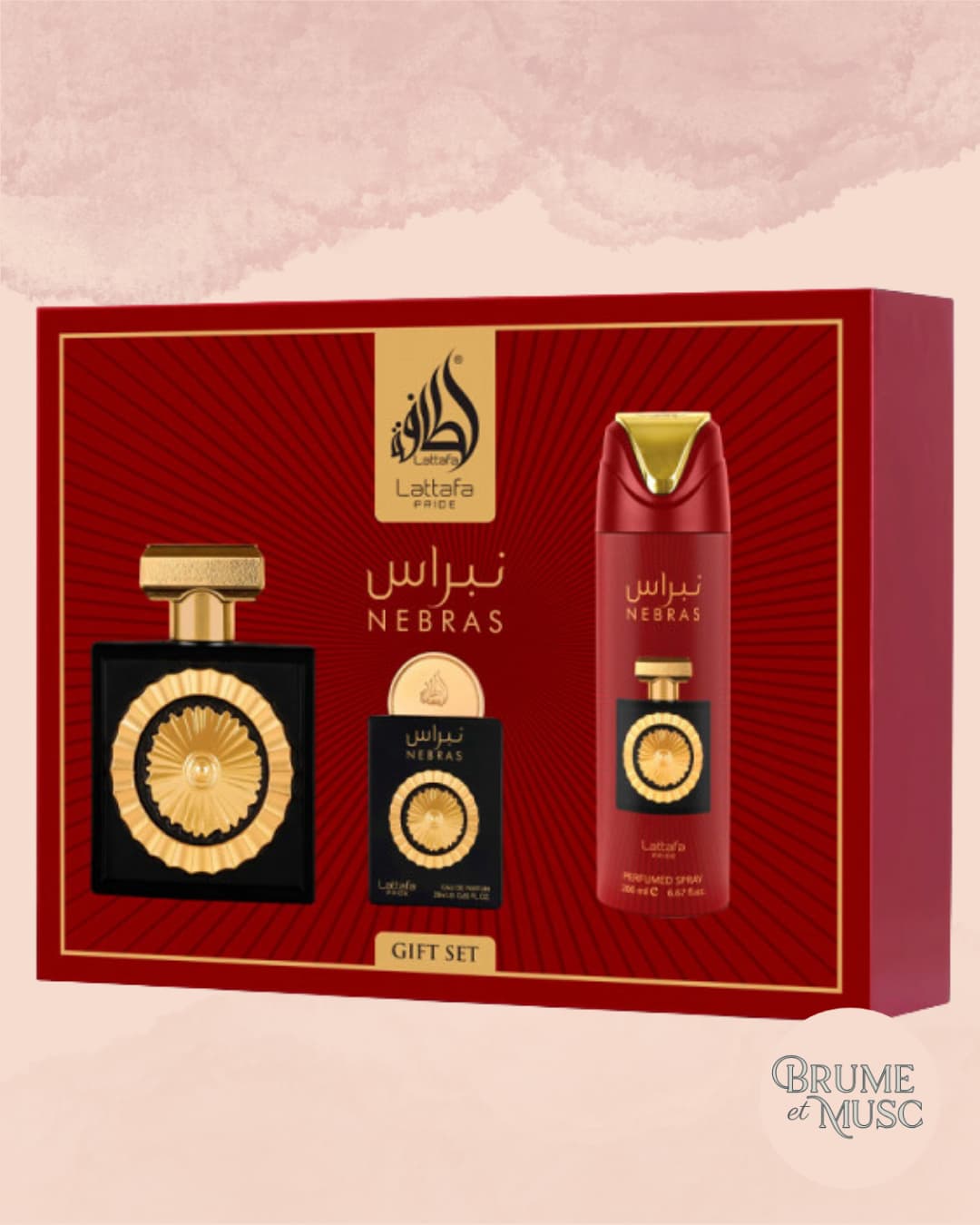 Coffret de prestige Nebras Lattafa Pride contenant l'eau de parfum 100ml, le format voyage 20ml et le déodorant parfumé.