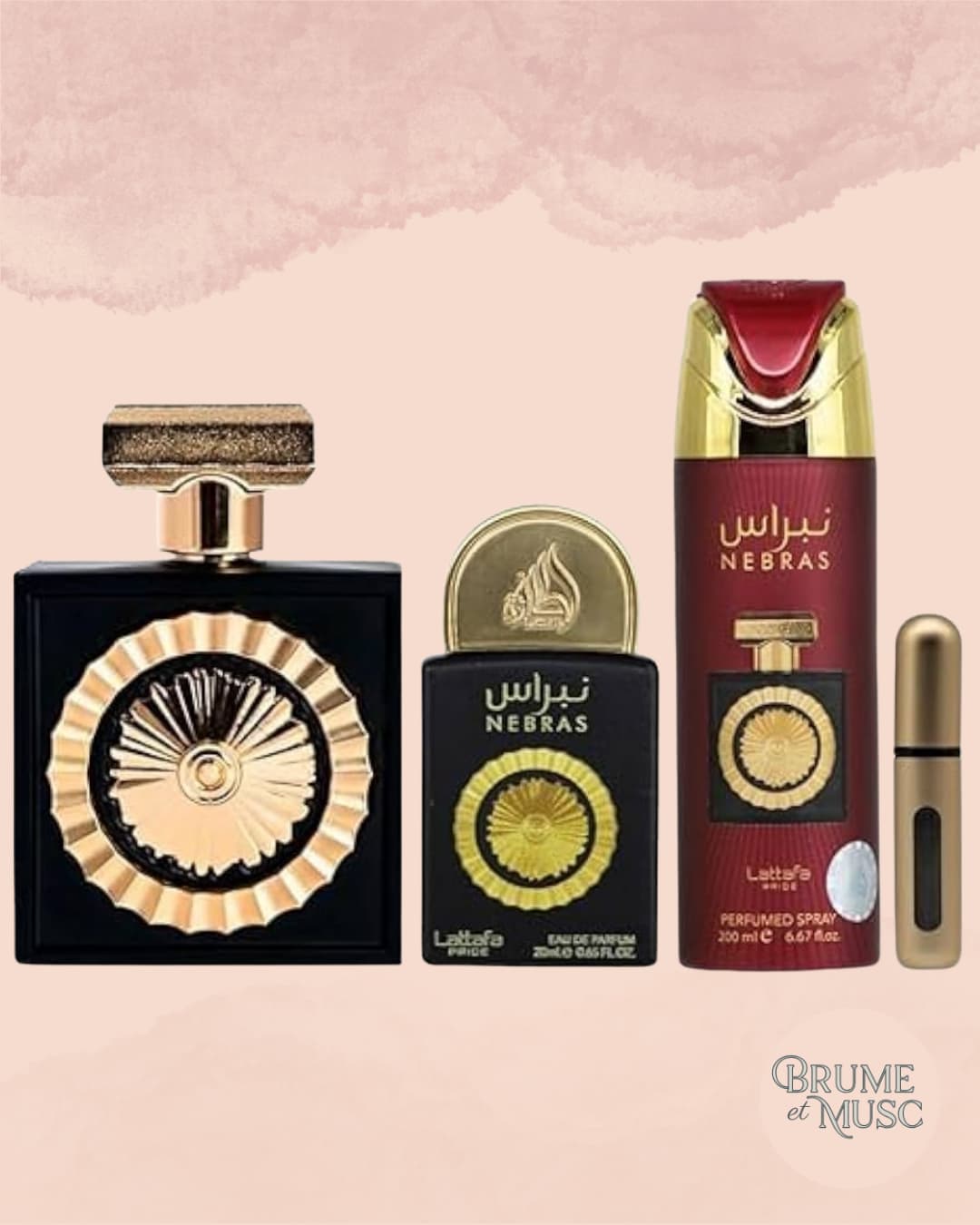 Détail du contenu du coffret Nebras : flacons 100ml, 20ml et déodorant 200ml