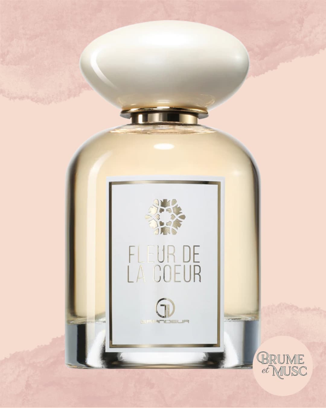 Flacon prestigieux Fleur de la Coeur par Grandeur, parfum floral blanc aux notes de jasmin d'Inde, tubéreuse et vanille.