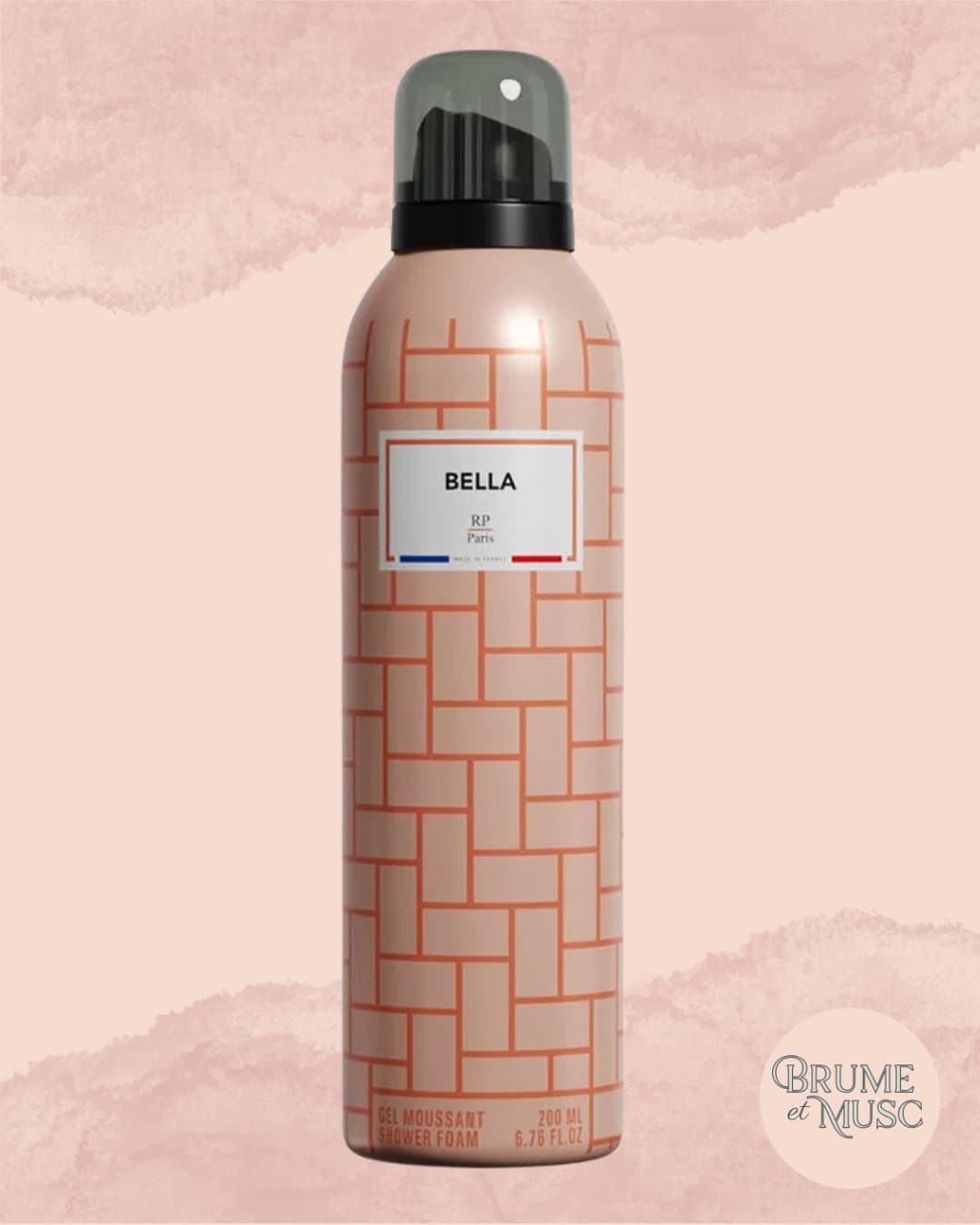  Flacon de gel douche moussant Bella par RP Paris, texture mousse aérienne aux notes de vanille et pêche veloutée