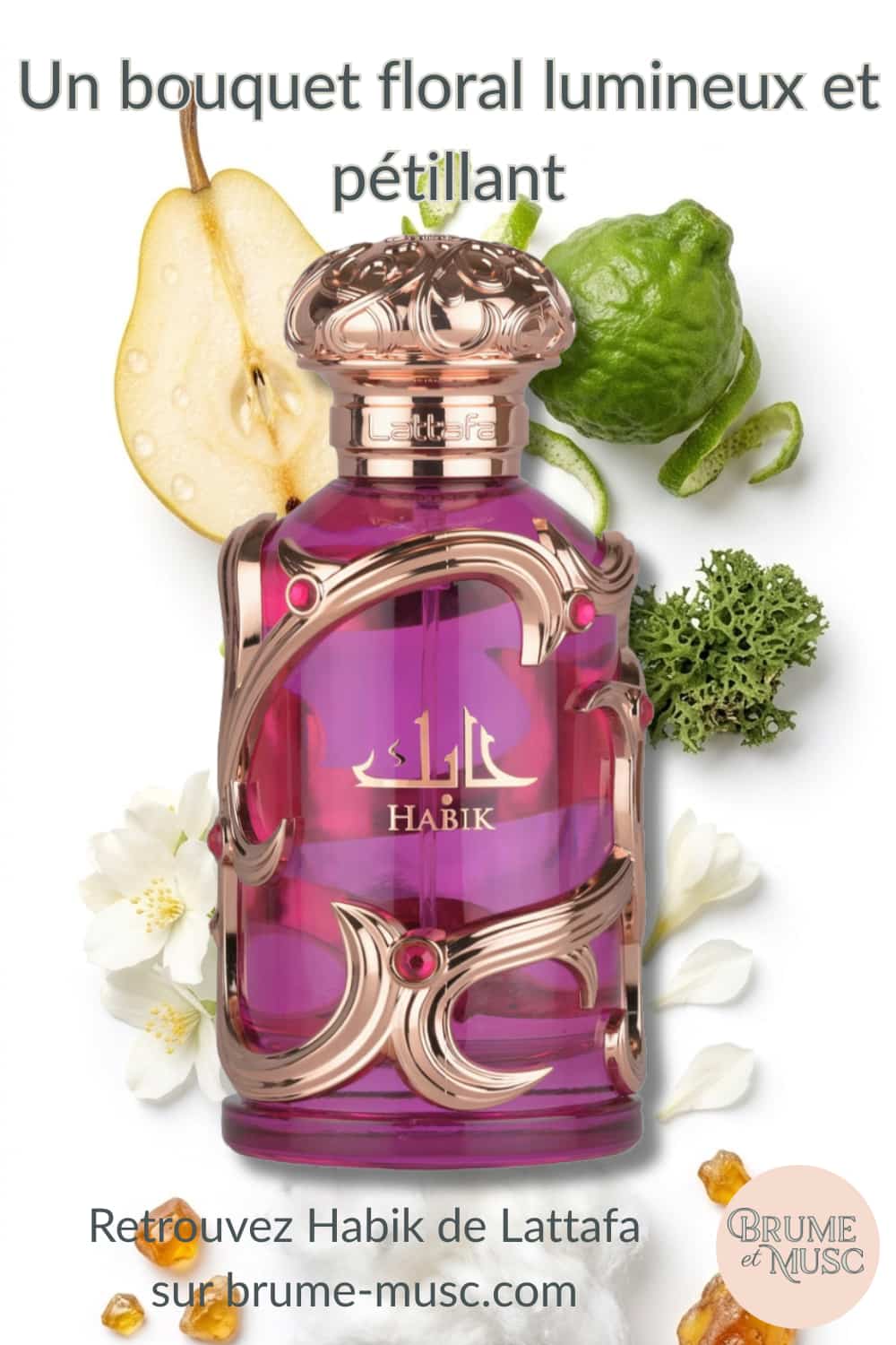 Flacon de parfum violet Habik de Lattafa entouré de tranches de poire, bergamote et jasmin