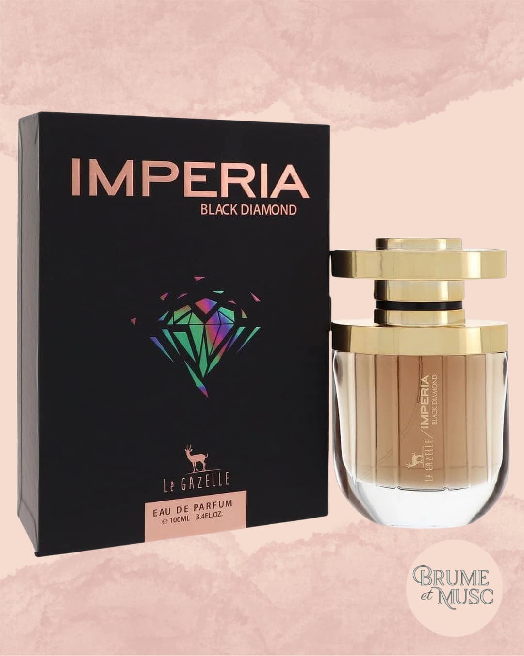 Parfum Impéria Black Diamond de La Gazelle, flacon noir luxueux, notes d'amande, vanille et héliotrope