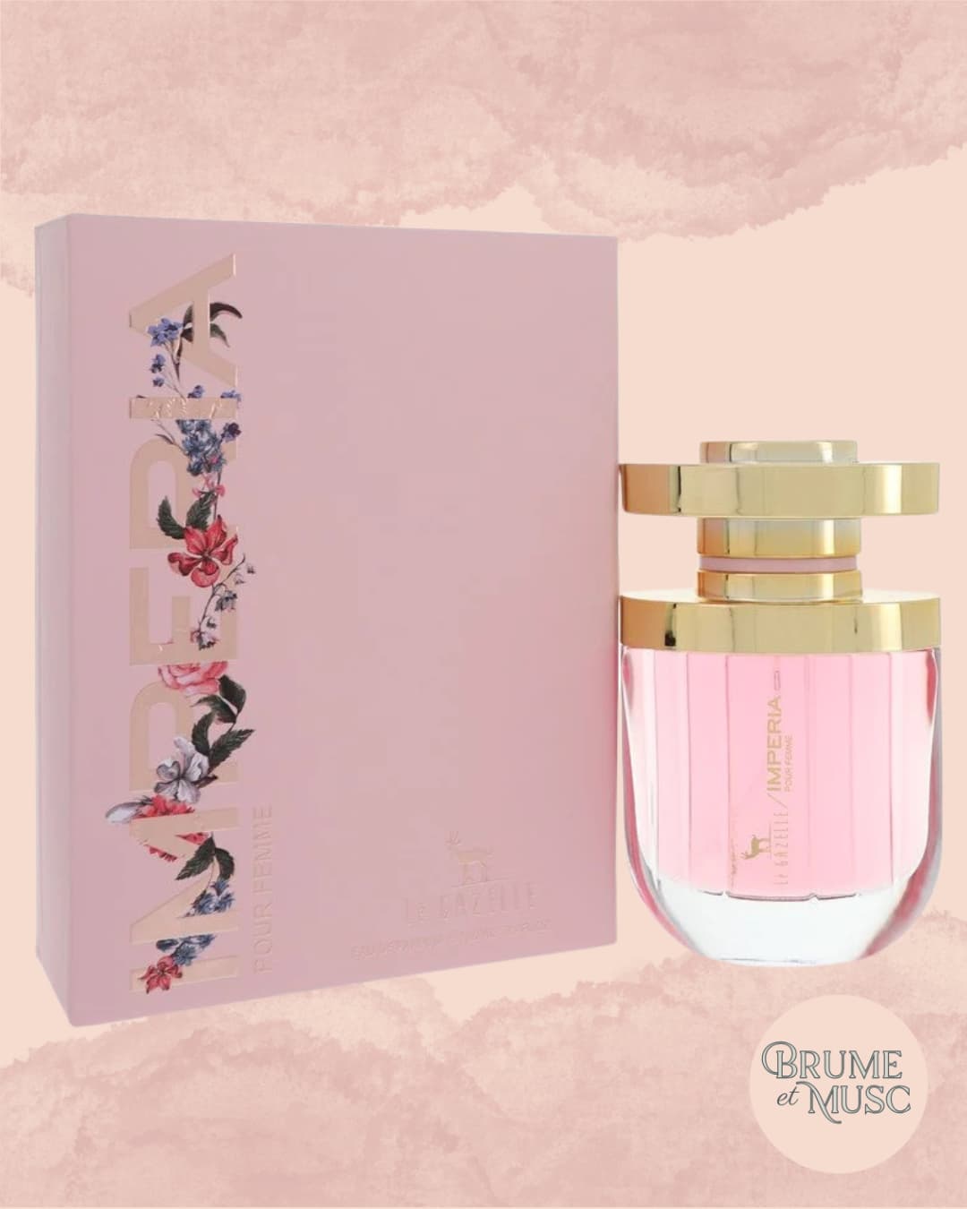Flacon rose Impéria Pink par La Gazelle, parfum fruité aux notes de myrtille, miel et vanille.