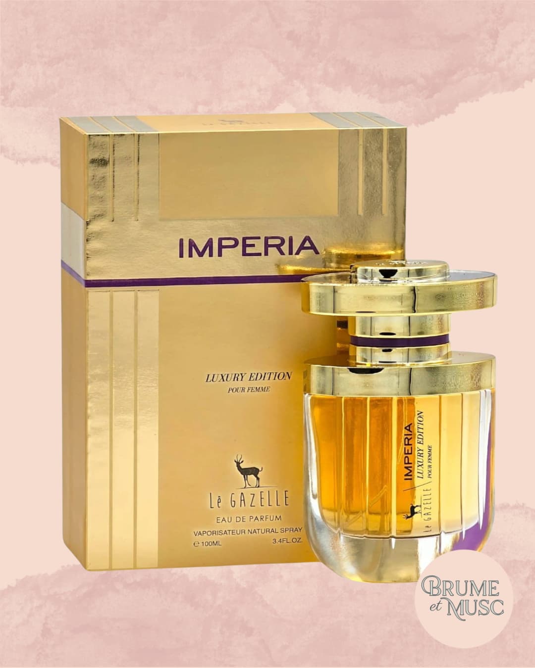 Flacon de parfum Impéria Luxury Edition par La Gazelle, notes de citron, fleurs blanches et vanille.
