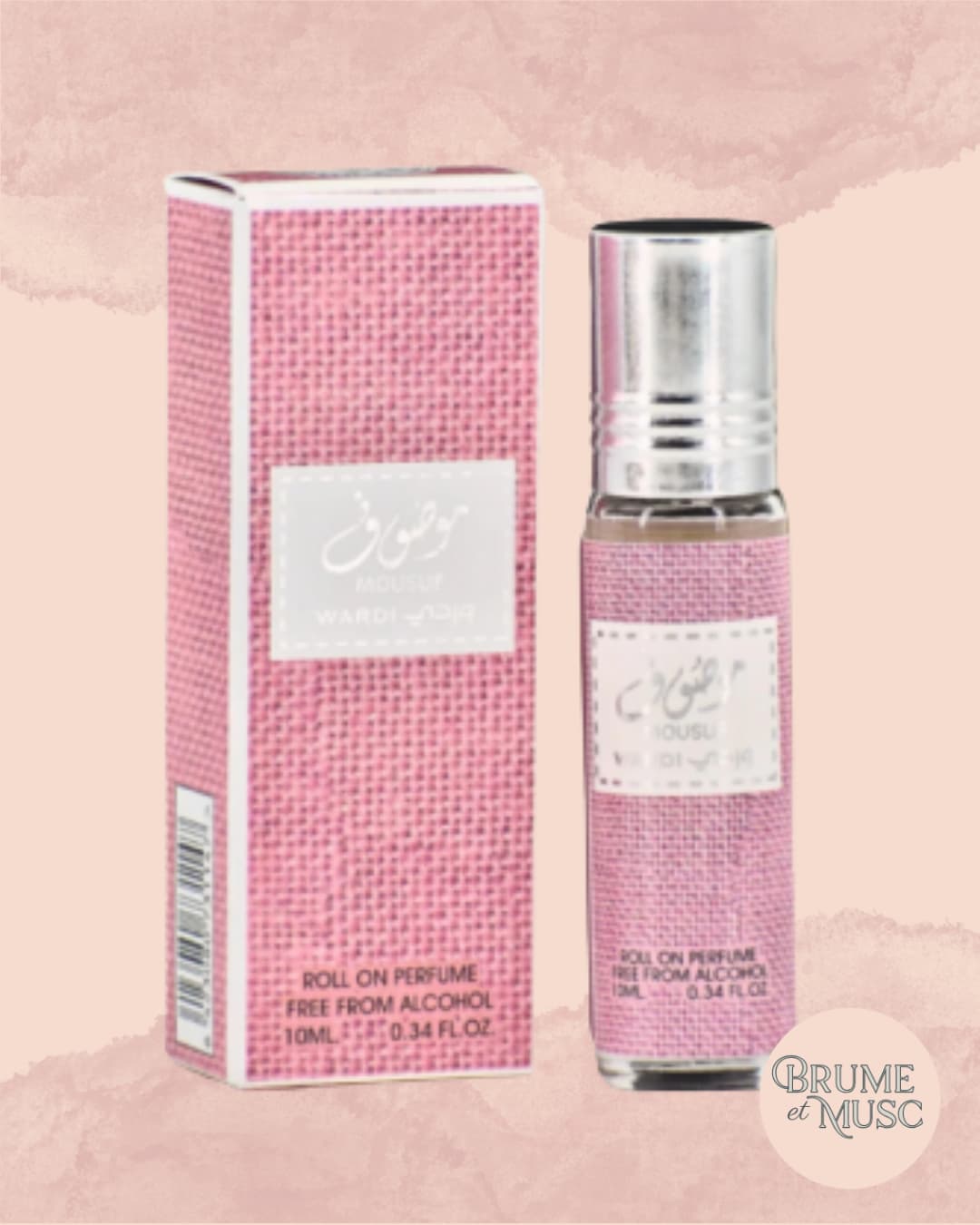 Flacon roll-on rose Mousuf Wardi de Ard Al Zaafaran, concentré de parfum fruité à la rhubarbe et au litchi