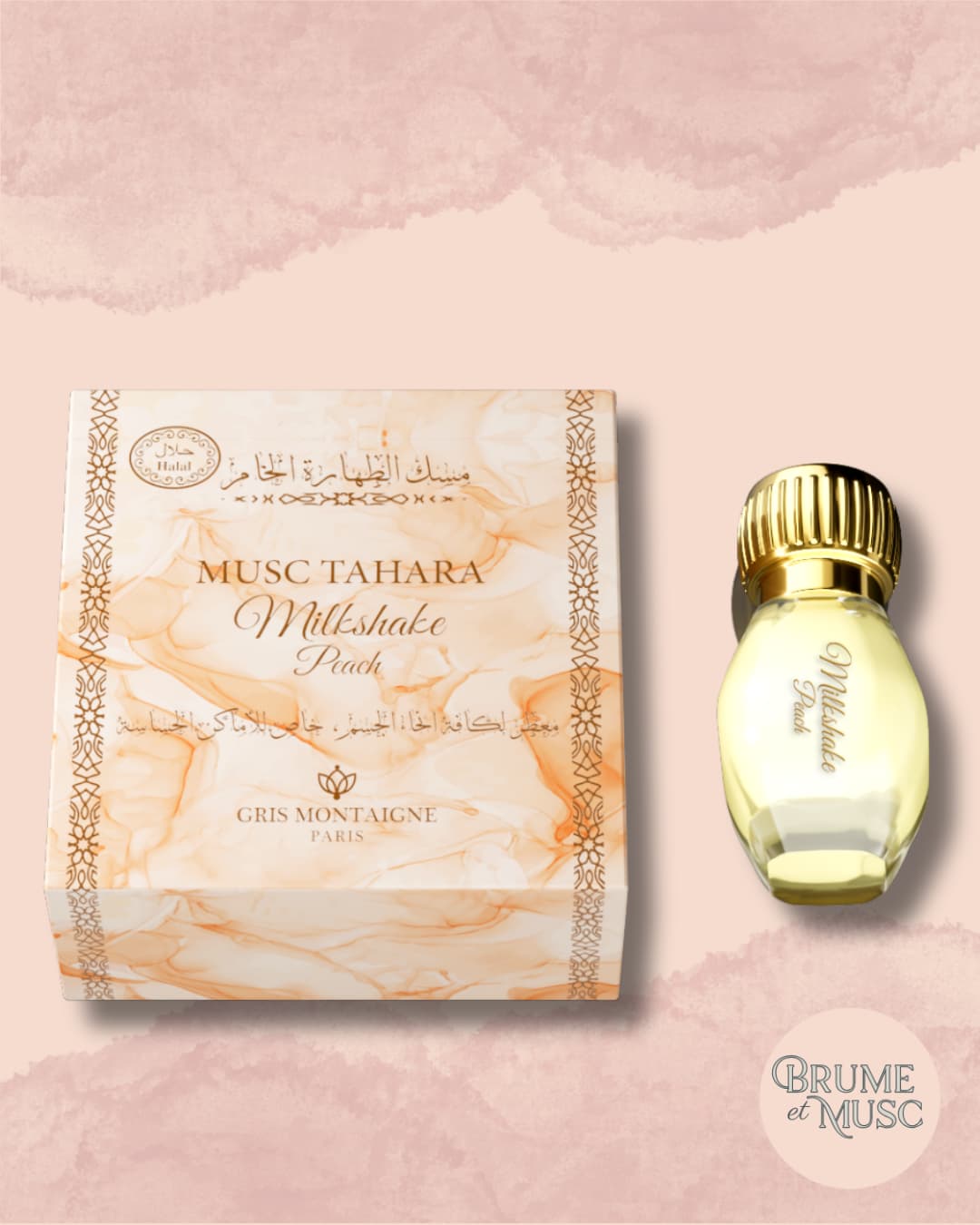 Fiole de Musc Tahara Milkshake Peach Gris Montaigne, parfum crémeux senteur pêche tropicale.