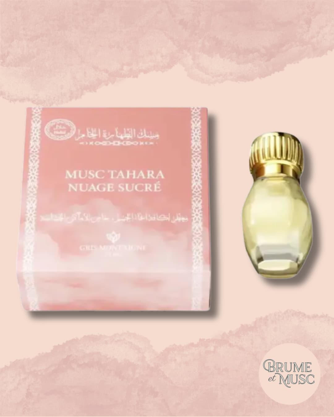 Flacon de Musc Tahara Nuage Sucré par Gris Montaigne Paris, texture onctueuse avec applicateur tige en verre.
