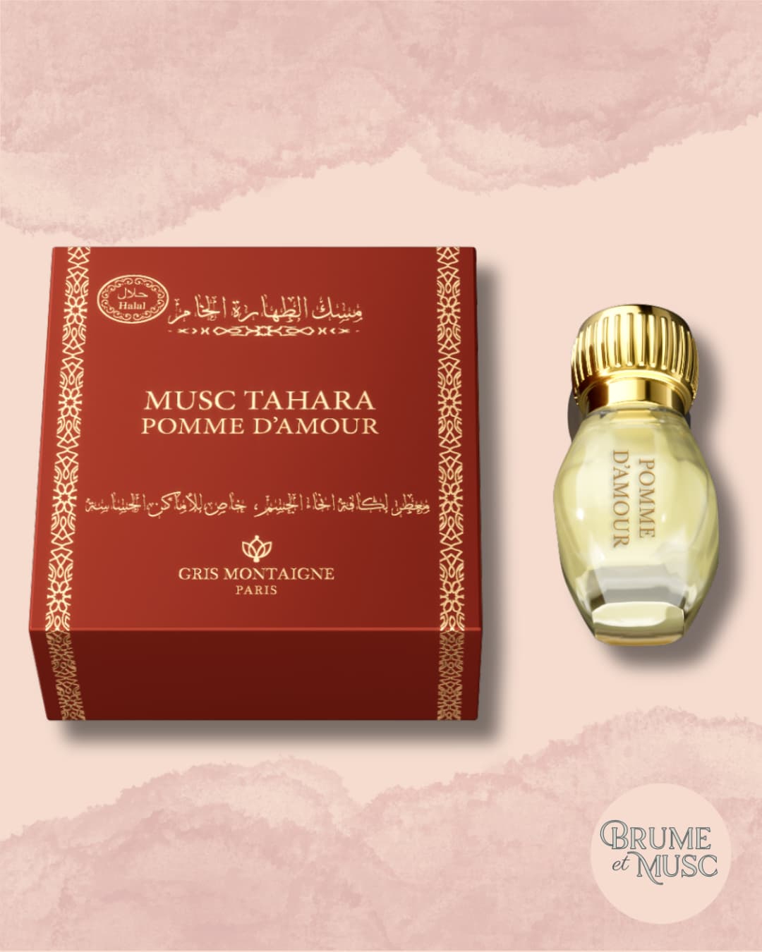 Flacon de Musc Tahara Pomme d'Amour Gris Montaigne, senteur gourmande pomme d'amour et caramel.