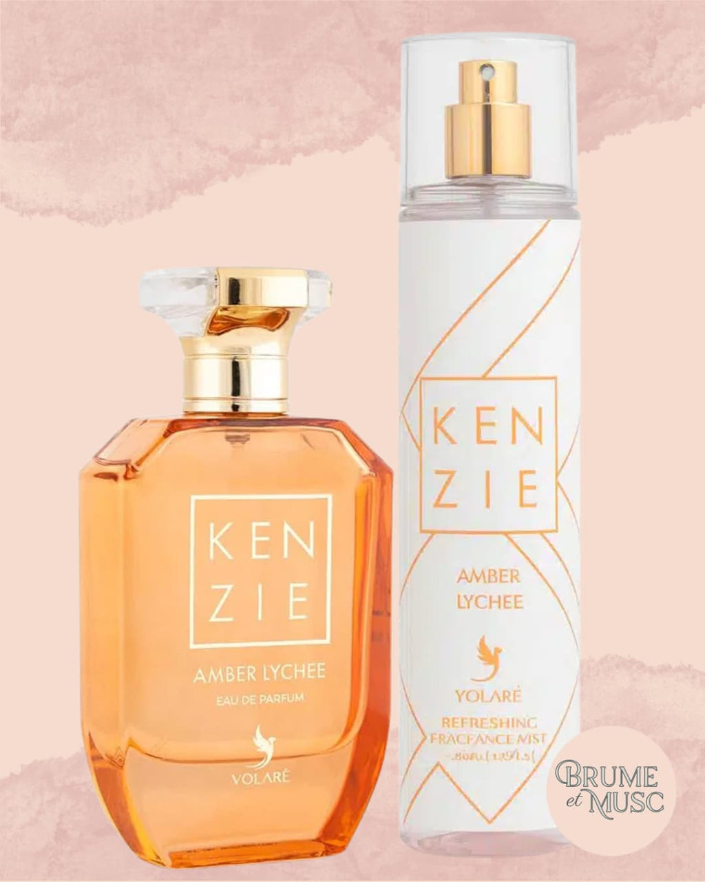 Duo Volaré Kenzie Amber Lychee comprenant une eau de parfum et une brume parfumée aux notes de litchi, rose et ambre.