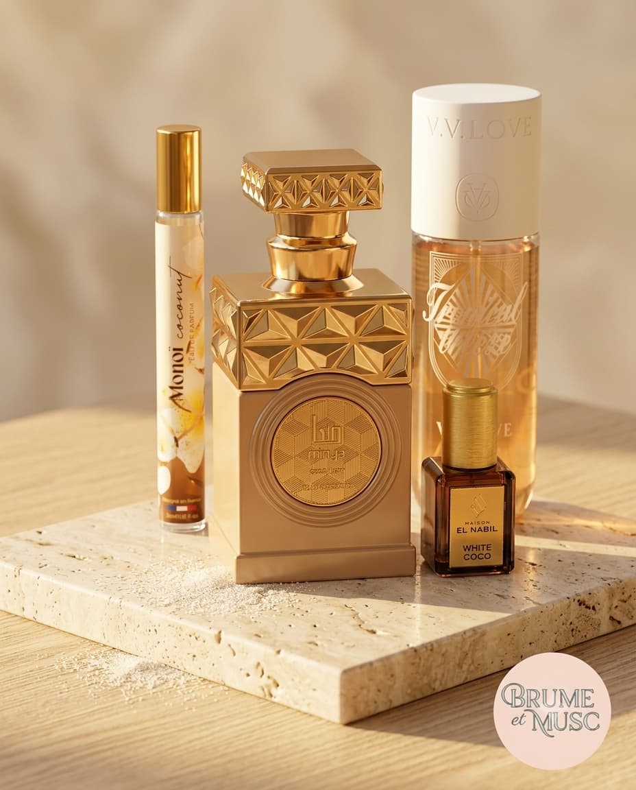 Ensemble de parfums noix de coco comprenant la brume VV Love, le parfum Minya Coco Lush et un musc.