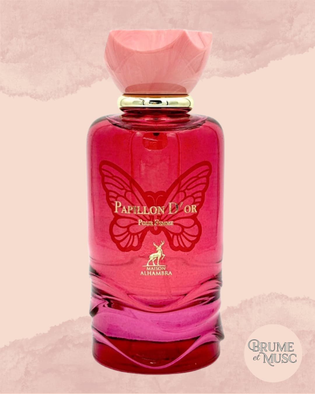 Flacon doré Papillon d'Or Maison Alhambra, parfum féminin aux notes de fruits exotiques, fleur d'oranger et vanille.