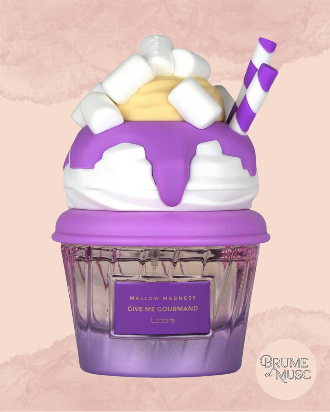 Flacon du parfum Mellow Madness de Lattafa - Fragrance gourmande aux notes de fraise, guimauve et crème fouettée.