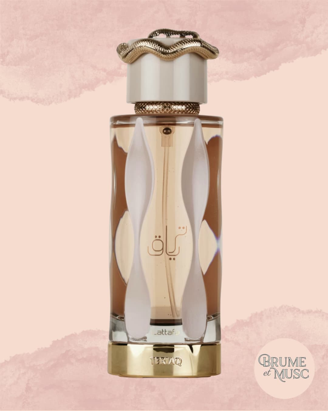 Flacon de parfum Teriaq de Lattafa Pride avec son bouchon orné d'un serpent doré