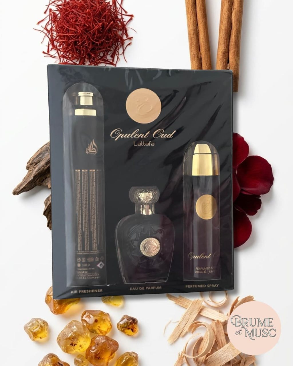 Ingrédients du parfum Opulent Oud Lattafa : safran, cannelle, oud, rose et ambre