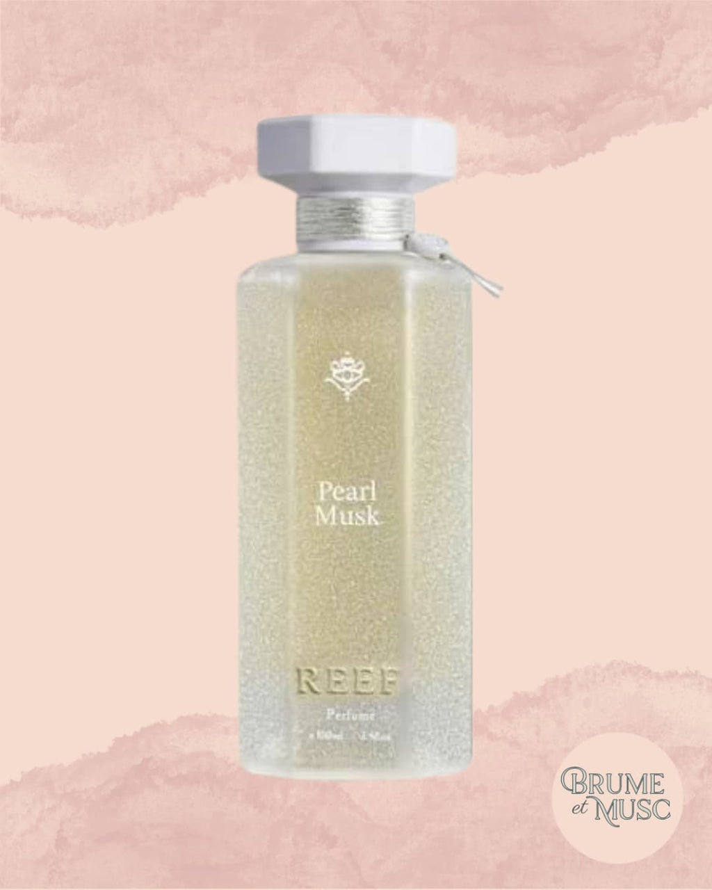 Flacon de prestige Pearl Musk par Reef Perfumes, sillage de musc blanc, fleur d'oranger et praline.