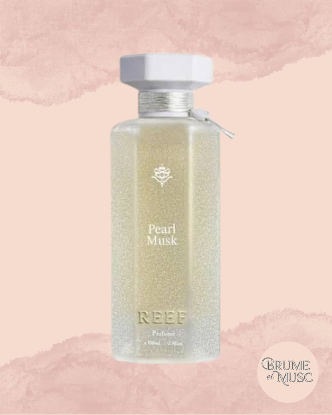 Flacon de prestige Pearl Musk par Reef Perfumes, sillage de musc blanc, fleur d'oranger et praline.
