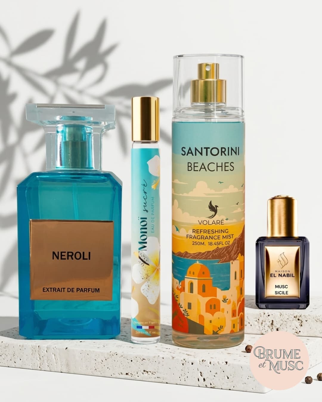 Pack Escale à Santorin avec brume Santorini Beaches, parfum Néroli, Monoï Sucré et Musc Sicile.