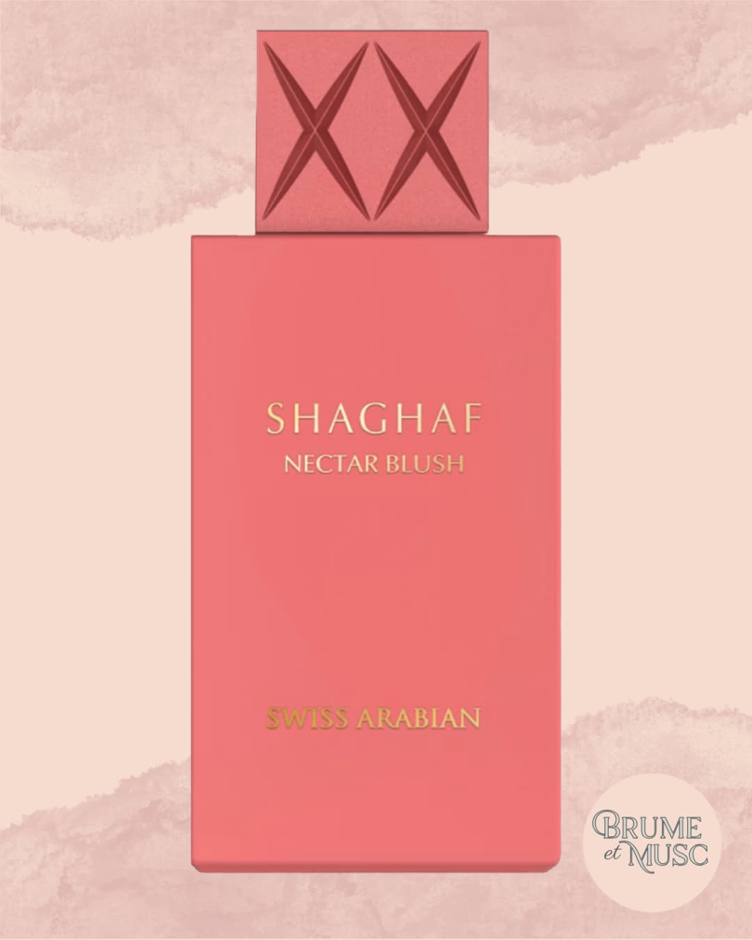Flacon rose Shaghaf Nectar Blush de Swiss Arabian, parfum aux notes de poire, yuzu et gardénia