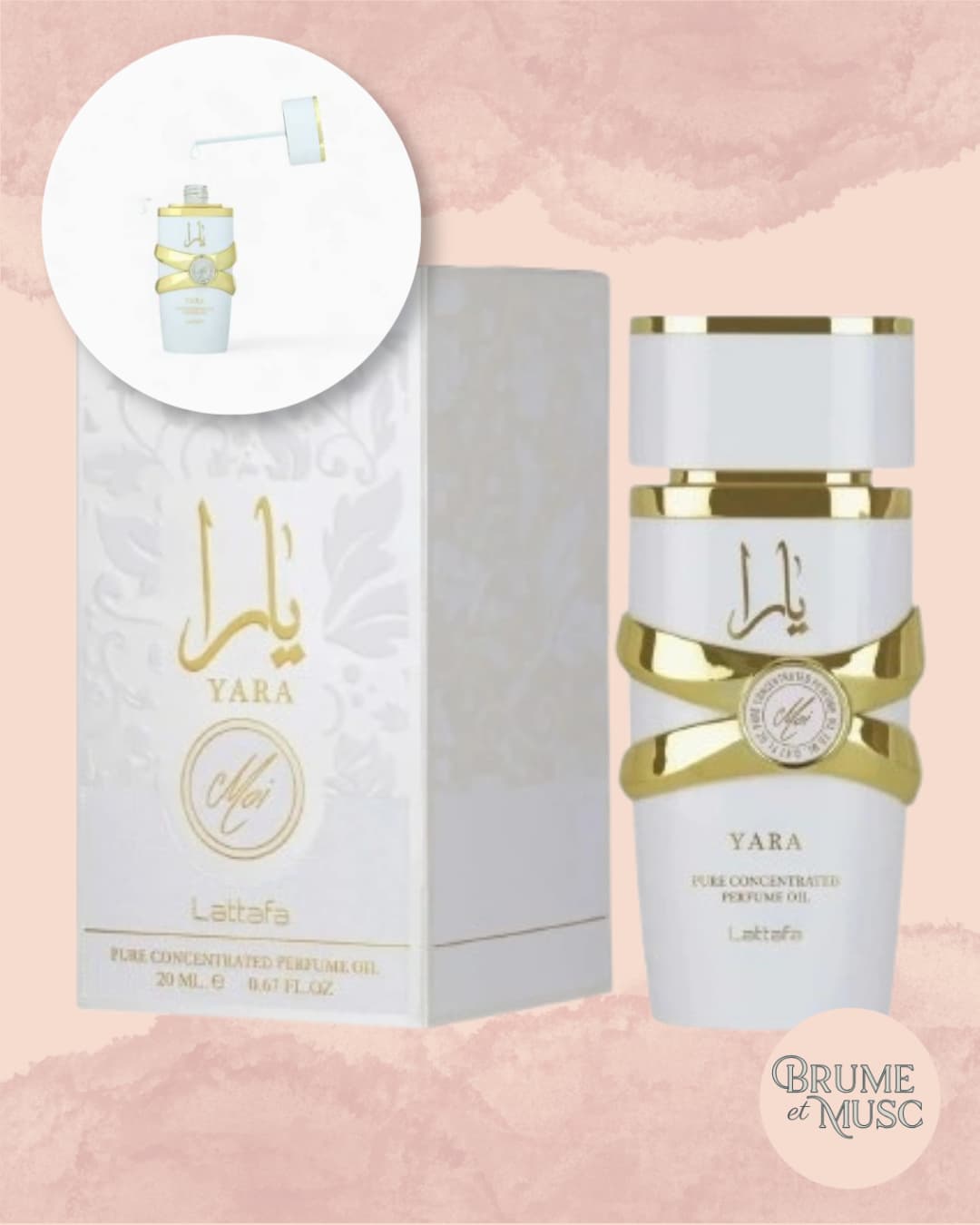 Huile parfumée Yara Moi Lattafa, flacon blanc et doré, concentré de parfum gourmand caramel et pêche